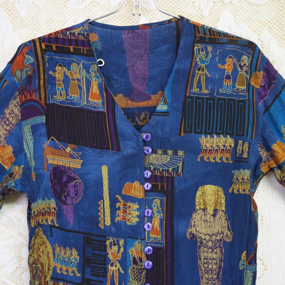 VTG 90s Womens Sz Sm Silk Blend Peker Collection Egyptian History Sarcophagus - Picture 2 of 9